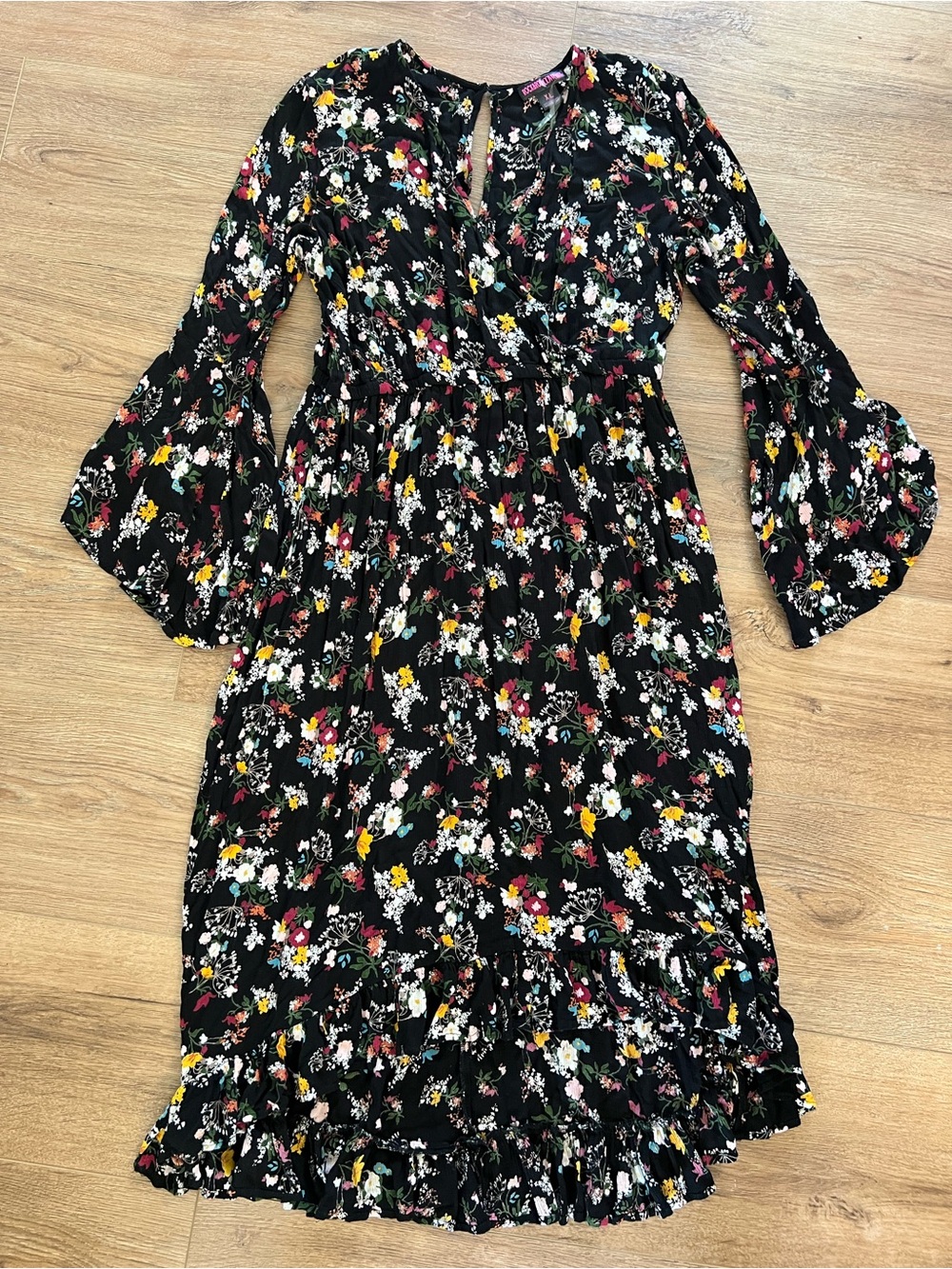 Rock & Roll Cowgirl Black Floral Maxi Dress with Bell Sleeves